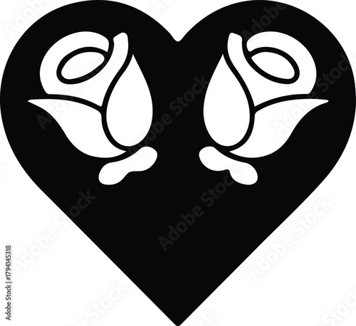 Heart silhouette with twin rose symbols, Bold black heart graphic featuring two stylized rose icons, perfect for romantic designs, wedding themes, crafts, and decorative artwork.

