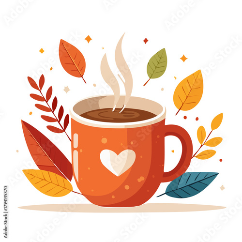 cozy warm drink mug with steam, autumn color palette, minimal aesthetic, mug