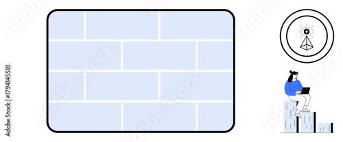 Light blue brick wall, abstract eye-technology concept symbol, person seated on blocks with a laptop. Ideal for creativity, tech innovation, focus, security, digital work, learning minimalism