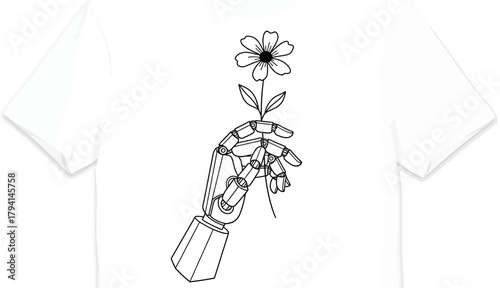 Tshirt design featuring a robotic hand holding a flower, symbolizing the harmony between technology and nature