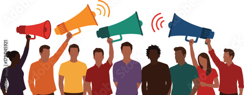 Colorful group of people holding megaphones representing teamwork, communication, protest, activism, leadership, unity, social awareness, and announcement concept illustration