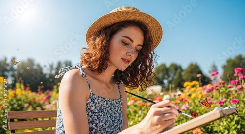Young woman sketching in a vibrant flower garden
