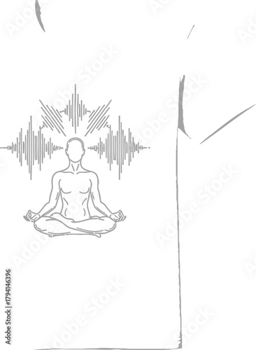 Meditating figure with sound waves emanating from head a serene representation of mindfulness and inner peace