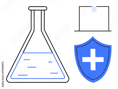 Laboratory flask with liquid, shield with cross, and simple test strip emphasize health, safety, lab testing. Ideal for science, healthcare, lab analysis, diagnostics protection chemistry medical