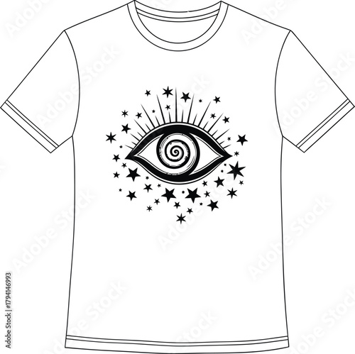 Mystic eye graphic tshirt design featuring an allseeing eye surrounded by stars, perfect for a spiritual, bohemian look