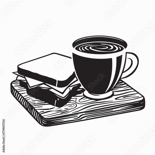 Coffee and Breakfast Sandwiches on Wood Vector on white background