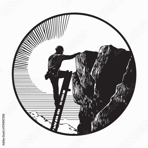 Worker Climbing Ladder on Hilly Terrain Vector Illustration