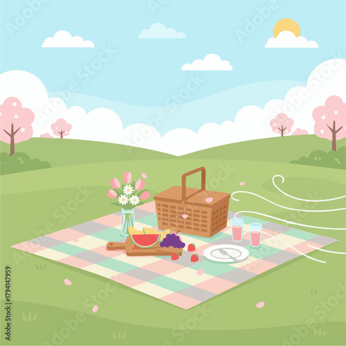 Spring Picnic Scene

Flat-vector outdoor picnic setup with blanket, basket, fruit, flowers, gentle breeze lines, soft pastel tones, clean and simple design.