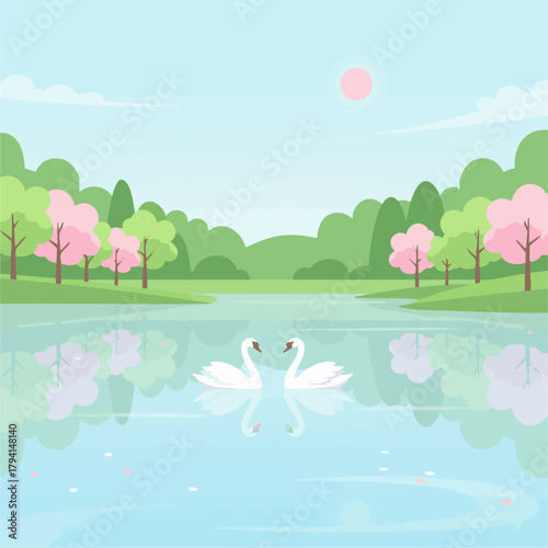 Spring Lake with Swans

Flat-vector serene lake scene with swans, fresh leaves, blossoming trees, reflections on water, soft greens and blues, flat minimalist design.