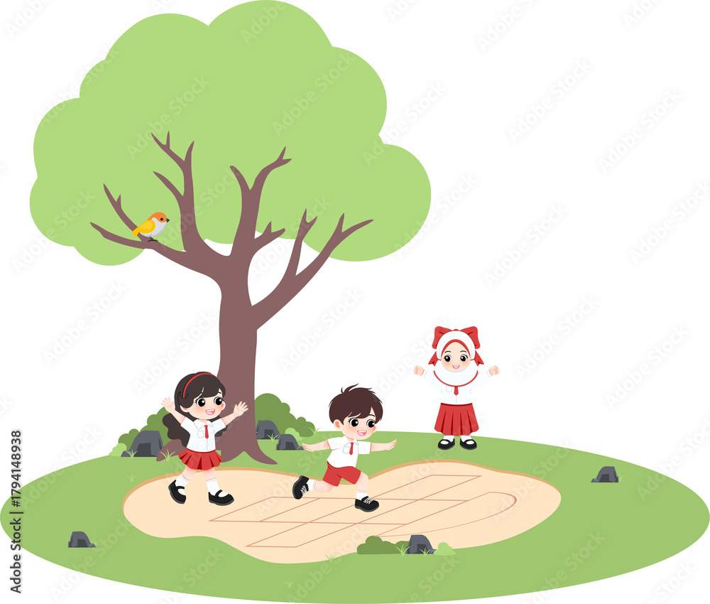 Fototapeta premium Kids playing jumping jack or hopscotch in the park with a tree and rocks on a sunny day
