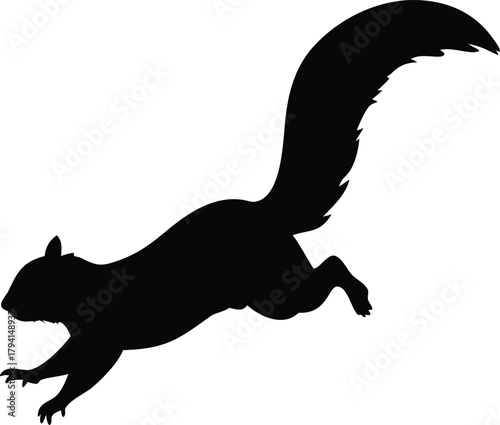 A black silhouette of a squirrel leaping forward in a dynamic pose