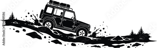 Offroad vehicle traversing a muddy terrain, showcasing its ruggedness and capability, a symbol of adventure and resilience
