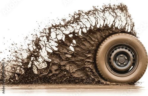A car wheel spinning in mud, creating a splash of dirt and debris, the tire is dirty and the background is clean