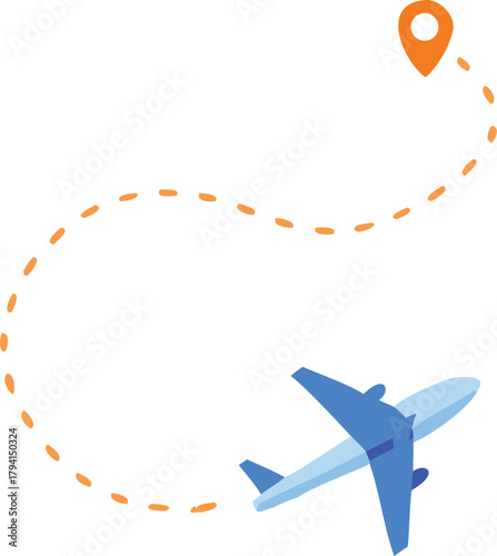 Airplane flight path with a destination marker travel and aviation concept
