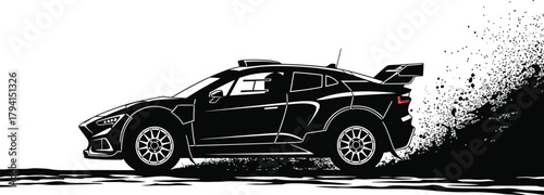 A black rally car is drifting on a white background, creating a dynamic and exciting scene, showcasing the power and agility of the vehicle