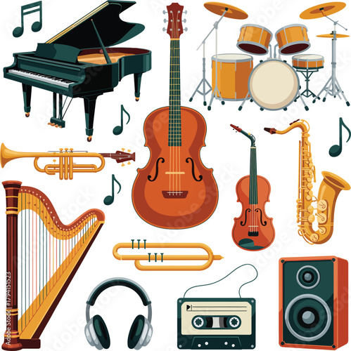 Assortment of musical instruments and audio equipment ,  harp, violin, saxophone, headphones, cassette