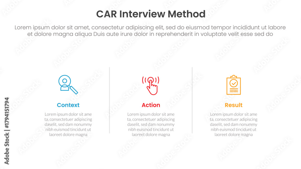 Fototapeta premium CAR interview method infographic 3 point with horizontal clean information with line divider for slide presentation