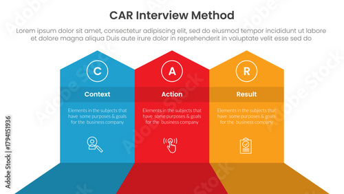 CAR interview method infographic 3 point with big shape arrow header top direction for slide presentation