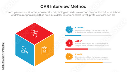 CAR interview method infographic 3 point with3d box shape with circle progress description for slide presentation