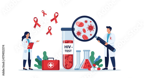 Doctor with Magnifying Glass Studying HIV Virus