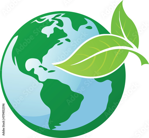 A green earth globe with leaves symbolizing environmental sustainability and growth