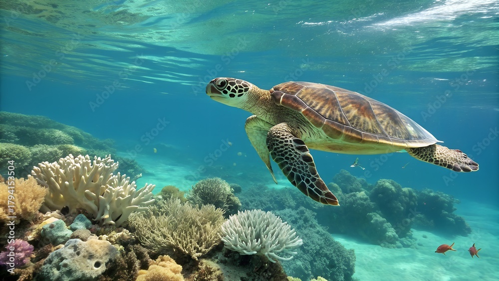 Obraz premium Realistic Underwater Scene with Sea Turtle and Coral Reef.