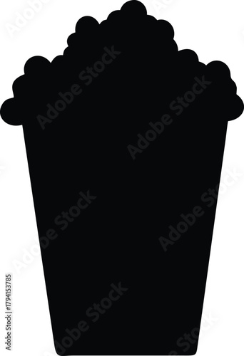 Simple black silhouette of a full popcorn bucket isolated on white