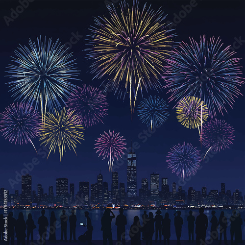 Spectacular display of colorful fireworks illuminating a modern city skyline at night, with a joyful crowd of people gathered to witness the grand celebration and festive atmosphere