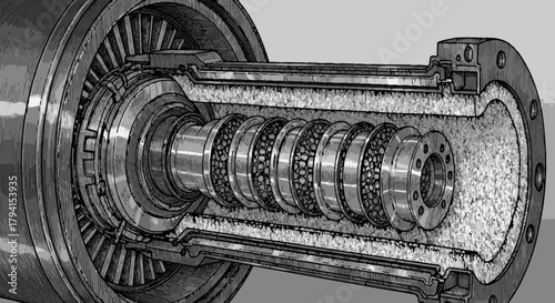 A detailed grayscale cross-section illustrates the intricate internal mechanics of a sophisticated industrial machine component, showcasing precision engineering and design.
