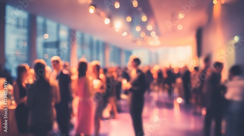 Blurred shot of business people at party or corporate event in office center. High quality