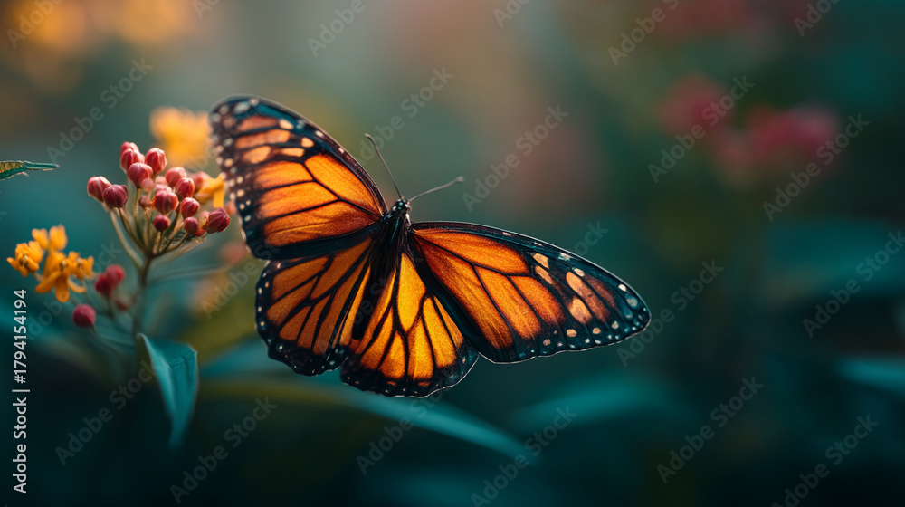 Fototapeta premium Close up of a monarch butterfly perched on a flower with a blurred background in nature light