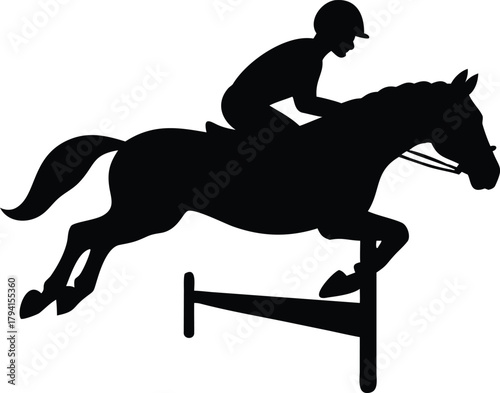 Silhouette of a horse and rider jumping over an obstacle