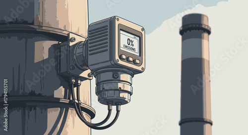 An advanced environmental sensor meticulously monitors air quality on an industrial pipe, showing zero emissions from a distant smokestack, symbolizing clean energy progress.