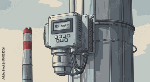 A digital monitor showing "0% Emissions" is affixed to an industrial smokestack, illustrating technological efforts in environmental protection and pollution control.