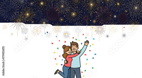 Festive illustration of a cheerful couple celebrating a special moment with a vibrant fireworks display and falling confetti, symbolizing joy and togetherness