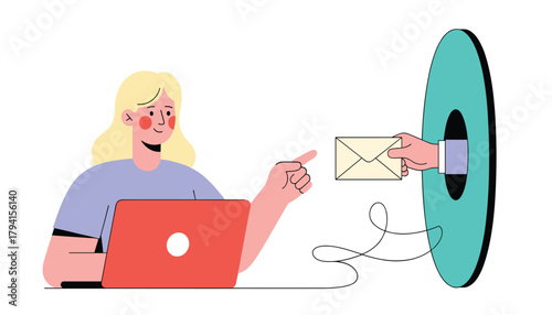 A woman with blonde hair sitting at a laptop receives an email from a hand that is coming out of a teal circle