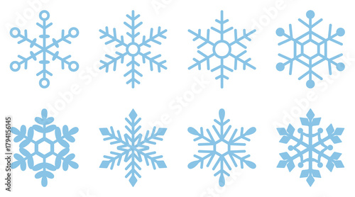 雪の結晶の手描きアイコンイラストセット 青色