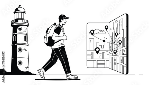 Man with backpack walking past lighthouse and looking at a map with pins, concept of travel and navigation