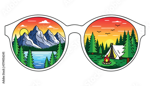 Sunglasses reflecting a vibrant mountain landscape with a lake on one side and a campsite with a campfire on the other