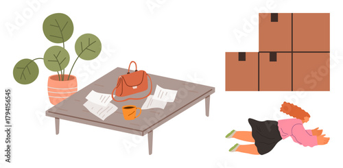 Wooden table with papers, bag, coffee cup potted plant stacked boxes, woman lying on floor. Ideal for organization, moving, planning, multitasking, productivity home decor simple flat metaphor