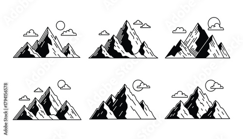 Collection of stylized mountain range illustrations with sun and clouds, handdrawn line art in black and white