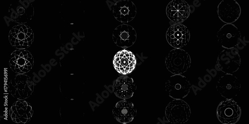 Abstract geometric orbs and spheres in a dark sci fi futuristic grid display