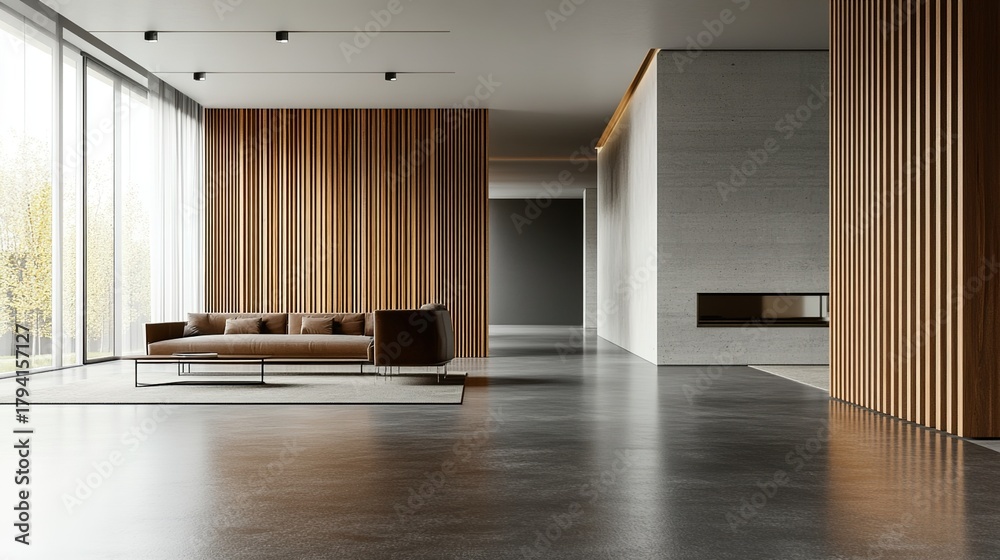 Fototapeta premium Modern Interior with Warm Brown Wooden Strips and Gray Concrete Floor 