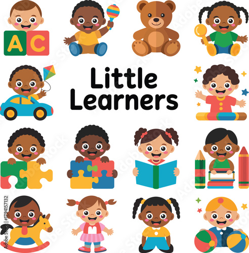 Little Learners collection of diverse children and educational toys , baby, child, boy, girl, teddy