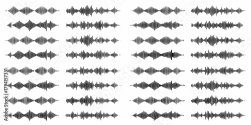 Collection of diverse black and white sound wave patterns on a clean white background