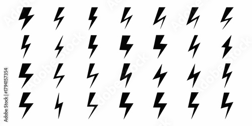 Collection of black lightning bolt icons arranged in a grid on a white background