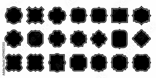 Collection of decorative black frames with gray borders in various unique shapes on a white background