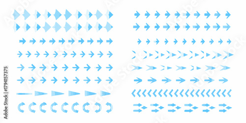 Collection of blue arrow icons and symbols in various styles and directions on white background