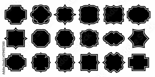 Collection of diverse black decorative frames and labels with white outlines on a white background