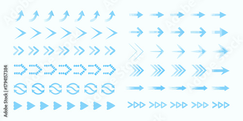 Collection of various blue arrow icons and symbols pointing in different directions and styles